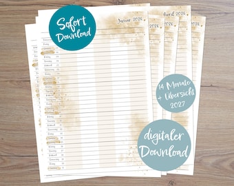 Instant download of the 2026 family planner in "BEIGE", 14-month calendar and 2027 annual calendar | DIN A4 printable format | Annual planner, fill-in-the-blank