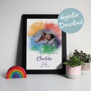 Póster de nacimiento "COLORIDO" personalizable con foto | Póster para imprimir en casa | Anuncio de nacimiento | Recuerdo del nacimiento del bebé