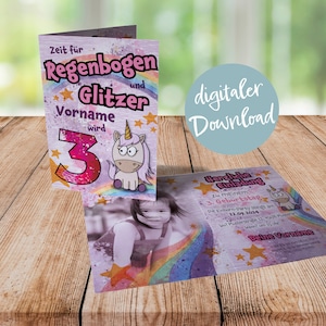 Kinderverjaardagsuitnodiging "UNICORN", klantgericht, eigen foto + QR-code | Vouwkaart DIN A6 als thuisprint | digitaal downloaden