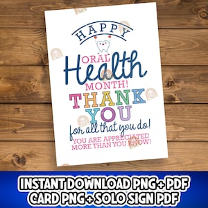 Tarjeta imprimible del Mes de la Salud Bucal, Letrero del Mes de la Salud Bucal, Regalo del Mes de la Salud Bucal, Letrero de Salud Bucal, Póster de Agradecimiento Dental, Decoración Dental