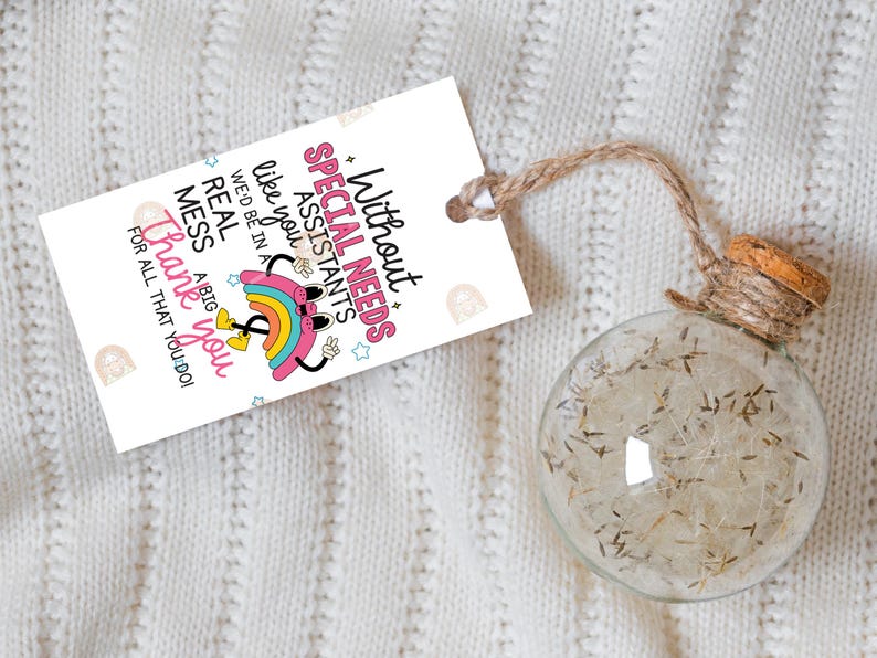 May include: A clear glass bauble filled with dried plant matter, attached to a tag with the text "Without Special Needs Assistants like you we'd be in a real mess. Thank you for all that you do!" The tag has a rainbow graphic.
