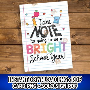 Notitiekaart, terug naar school bord eerste dag afdrukbaar, helder schooljaarteken, gelukkige eerste schooldag cadeau van PTO, 1e schooldag