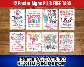 May include: Twelve printable 8.5 x 11 inch posters with colorful designs and text thanking school nurses. The posters feature phrases like "Happy School Nurse Day!" and "You Deserve a Dose of Appreciation Every Day!"