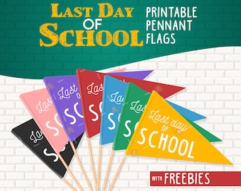 Banderas imprimibles para el último día de clases, banderines de fin de clases, banderas para fotos del último día, banderas de fin de año, decoración de banderines para el último día (DIY)