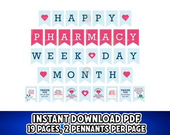 Könnte beinhalten: Ein Banner-Set mit den Worten "HAPPY PHARMACY WEEK DAY MONTH" in blauen und rosa Wimpeln, mit Herz- und medizinischen Symbolen. Enthält kleine Dankeskarten. Der Text unten lautet "INSTANT DOWNLOAD PDF 19 PAGES, 2 PENNANTS PER PAGE."