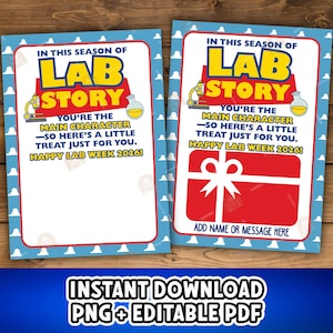 May include: Two blue and white cards with the text "IN THIS SEASON OF LAB STORY" in yellow and red. The cards have a microscope and flask graphic. One card has a gift box graphic and the text "ADD NAME OR MESSAGE HERE".