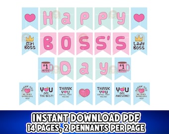 May include: A banner set with the words "Happy Boss's Day" in pink letters on light blue pennants. Additional pennants read "Girl Boss", "Lady Boss", and "Thank You" messages. Includes a coffee mug graphic and hearts.