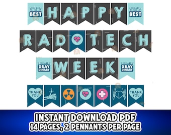 Könnte beinhalten: Ein Banner-Set mit den Worten "HAPPY RADOTECH WEEK" in grauen Buchstaben auf schwarzen Wimpeln, akzentuiert mit teal und weißen Details. Zusätzliche Wimpel zeigen medizinische Symbole und den Text "YOU ARE THE BEST" und "THANK YOU".