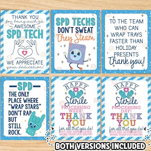 May include: A collection of six blue and white cards with various messages. The cards feature phrases like "SPD Techs don't sweat, they steam" and "Thank you" with decorative elements such as hearts, stars, and a cartoon washing machine.