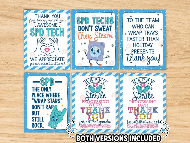 May include: A collection of six blue and white cards with various messages. The cards feature phrases like "SPD Techs don't sweat, they steam" and "Thank you" with decorative elements such as hearts, stars, and a cartoon washing machine.