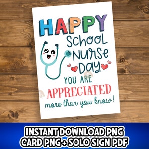 Happy School Nurse Day Karte, druckbare Schul Krankenschwester Karte, Krankenschwester Danksagungskarte, Schul Krankenschwester Geschenk, Nurse Day Schild