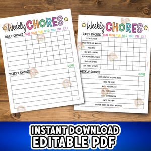 Editable Chore Chart, Printable Kids Chore Chart PDF, Weekly Chore Chart, Simple Chore Chart, Daily Chore Chart for Kids Daily Checklist