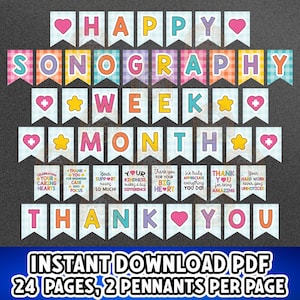 Könnte beinhalten: Ein druckbares Banner-Set mit bunten Wimpeln, die den Text HAPPY SONOGRAPHY WEEK MONTH THANK YOU tragen, durchsetzt mit Herz- und Sternsymbolen. Das Design enthält zusätzliche Wimpel mit Botschaften der Anerkennung und Dankbarkeit.