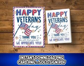 May include: Two cards with the text "HAPPY VETERANS DAY" and "THANK YOU for all that you do! WE APPRECIATE YOU!" are displayed. The cards feature an American flag and decorative elements. The cards are on a wooden surface.