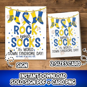 May include: Two white cards with the text "Rock Your Socks" in blue and yellow, celebrating World Down Syndrome Day. The design includes socks hanging on a clothesline and the phrase "It's World Down Syndrome Day!"