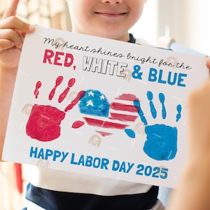 Lavoretto con impronte delle mani per il Labor Day, lavoretto artistico con impronte delle mani per il Labor Day negli Stati Uniti, risorsa per insegnanti di lavoretti patriottici per la scuola materna, ricordo fai da te per bambini