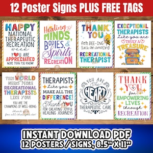 May include: Twelve colorful printable posters with inspirational messages for recreational therapists. The posters feature phrases like "Happy National Therapeutic Recreation Week", "You are appreciated more than you know!" and "Thank you for being such an amazing recreational therapist".  The posters are 8.5 inches by 11 inches.