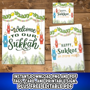 Glückliches Sukkot-Set, bedruckbare Sukkot-Geschenkkarte, Sukkot-Geschenkkarte, Sukkot-Zeichen, Sukkot-Festdekoration, Chag Sukkot Sameach