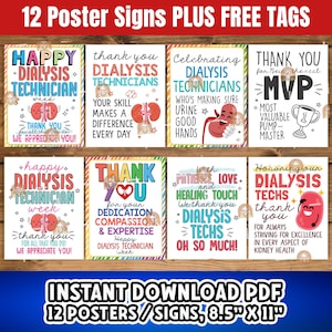 May include: Twelve printable posters with colorful designs and text celebrating Dialysis Technicians. The posters feature kidneys, hearts, and other medical symbols. The text includes phrases like "Happy Dialysis Technician Week", "Thank You for Your Dedication", and "Honoring Our Dialysis Techs".