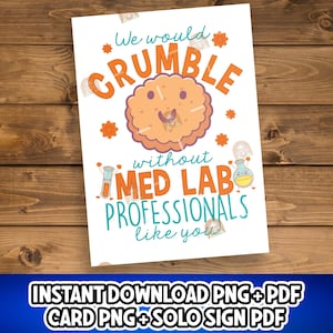 Może przedstawiać: Drukowana karta z kreskówkowym ciasteczkiem i tekstem "We would GRUMBLE without MED LAB PROFESSIONALS like you". Karta jest biała z pomarańczowymi, niebieskimi i zielonymi akcentami.