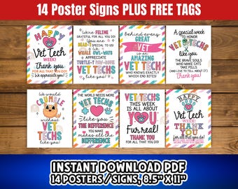 May include: A collection of 14 colorful Vet Tech themed posters with various messages of appreciation. The posters feature playful fonts, paw prints, and animal illustrations. The text includes phrases like "Thank You" and "Fur Real!"