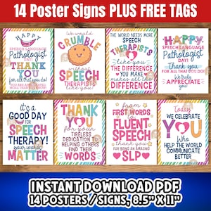 May include: 14 colorful posters with text about speech therapy. The posters are 8.5 inches by 11 inches. The posters have a variety of designs and colors, including pink, blue, green, yellow, and orange. The text on the posters includes phrases like "Happy Speech Language Pathologist Day!" and "We Celebrate You!"
