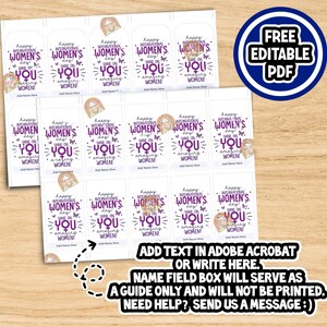 May include: Printable gift tags with a purple and white design featuring the text "Happy International Women's Day! Shine On You Amazing Women!"  Add text in Adobe Acrobat or write here. Name field box will serve as a guide only and will not be printed. Need help? Send us a message.