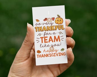 May include: A white Thanksgiving-themed card held in a hand, featuring the text "so very THANKFUL for a TEAM like you!" and "happy THANKSGIVING" in orange and brown. The card includes illustrations of a pumpkin, leaves, and a heart.