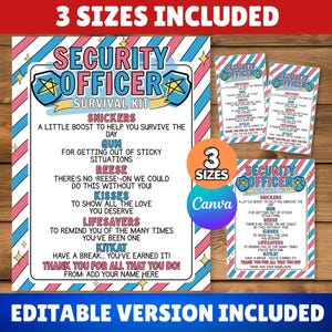 Puede incluir: Un letrero imprimible de kit de supervivencia para oficial de seguridad con un borde de rayas diagonales rosas y azules, estrellas y texto que enumera dulces como Snickers, Gum, Reese, Kisses, Lifesavers y KitKat con descripciones humorísticas.