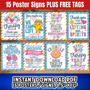 Op de afbeelding: Een verzameling van 15 kleurrijke posters met tekst, waaronder "Physical Therapy Month" en "Thank You". De borden zijn 21,6 x 27,9 cm groot en bevatten verschillende ontwerpen en illustraties. De bovenste banner luidt "15 Poster Signs PLUS FREE TAGS".