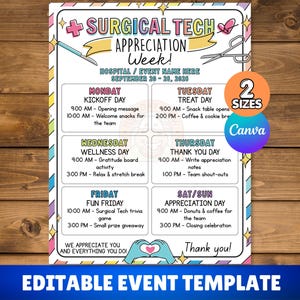 May include: A printable event flyer for Surgical Tech Appreciation Week featuring a weekly schedule from Monday to Sunday. The design includes medical icons like a scalpel and scissors, colorful text, and a heart-shaped hand gesture at the bottom.