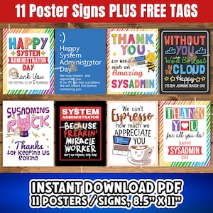 Puede incluir: Once carteles imprimibles coloridos con texto celebrando el Día del Administrador del Sistema. Los carteles presentan frases como "Feliz Día del Administrador del Sistema", "Sysadmins Rock", "Gracias por ser un Sysadmin increíble" y "No podemos expresar cuánto te apreciamos".