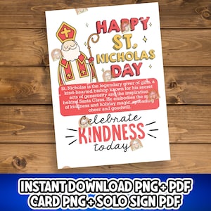 May include: A festive St. Nicholas Day card with a cartoon illustration of St. Nicholas in red and white attire, holding a staff. The card features the text "Happy St. Nicholas Day" and "Celebrate Kindness Today."