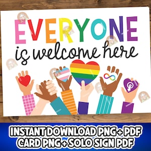 Letrero "Todos son bienvenidos", decoración imprimible para aulas inclusivas, no al racismo, póster del Mes del Orgullo, póster de espacio seguro, póster de diversidad