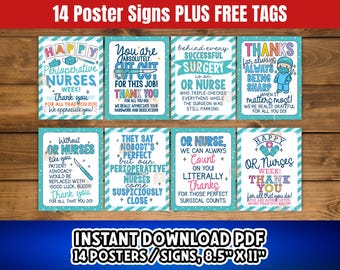 May include: A set of 14 printable posters with messages of gratitude for nurses. The posters have different designs with phrases such as "Happy Perioperative Nurses Week!" and "Thank You." The signs are 21.6 x 27.9 cm.