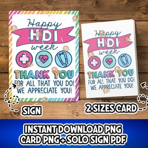 Könnte beinhalten: Zwei Karten und ein Schild mit dem Text "Happy HDI week" und "Thank You". Die Karten und das Schild haben ein rosa Banner und medizinische Symbole. Das Schild befindet sich links und eine Karte rechts. Der Text unten lautet "Instant Download PNG Card PNG + Solo Sign PDF".