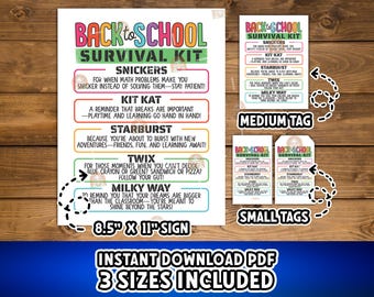 Back to School Survival Kit Tags, First Day of School Survival Kit Gift Tags Printable, 1st Day of School Student Survival Kit Treat Tags