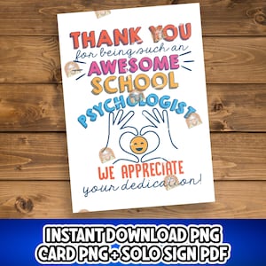 Może przedstawiać: Drukowana kartka z podziękowaniami dla szkolnego psychologa. Kartka zawiera kolorowy projekt z tekstem "Dziękujemy za to, że jesteś tak wspaniałym szkolnym psychologiem. Doceniamy Twoje zaangażowanie!"