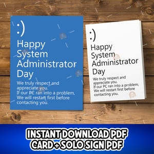 SysAdmin-present, utskrivbart systemadministratörsdagskort, systemadministratörsdagspresent, BSOD SysAdmin-uppskattning SysAdmin-tackkort, BSOD-skylt