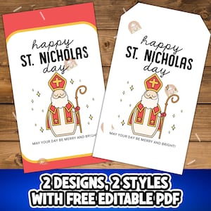 May include: Two St. Nicholas Day cards with illustrations of St. Nicholas, a bishop with a staff. The cards have the text "happy ST. NICHOLAS day" and "MAY YOUR DAY BE MERRY AND BRIGHT!" The bottom of the image reads "2 DESIGNS, 2 STYLES WITH FREE EDITABLE PDF".