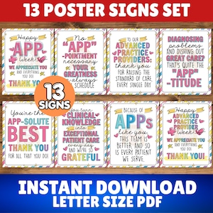 Op de afbeelding: Een set van 13 printbare posters met kleurrijke typografie en decoratieve elementen. Elk bord toont waarderende berichten voor geavanceerde zorgverleners, inclusief zinnen zoals Happy APP Week en You are the APP-solute best.
