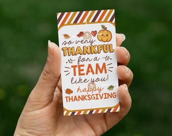 May include: A rectangular Thanksgiving-themed card held in a hand. The card features the text "so very THANKFUL for a TEAM like you!" with a pumpkin and leaf illustrations. The card has a white background with orange and brown accents.