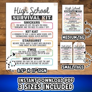 High School Survival Kit Tags, First Day of High School Survival Kit Gift Tags Printable, Middle School Treat Tag Gift for Freshman Gift Tag