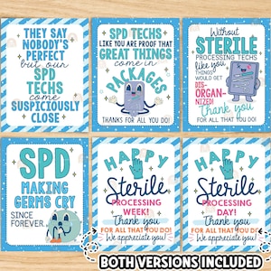May include: A set of six blue and white cards with various messages for SPD techs. The cards feature cartoon illustrations and text such as "They say nobody's perfect but our SPD techs come suspiciously close."