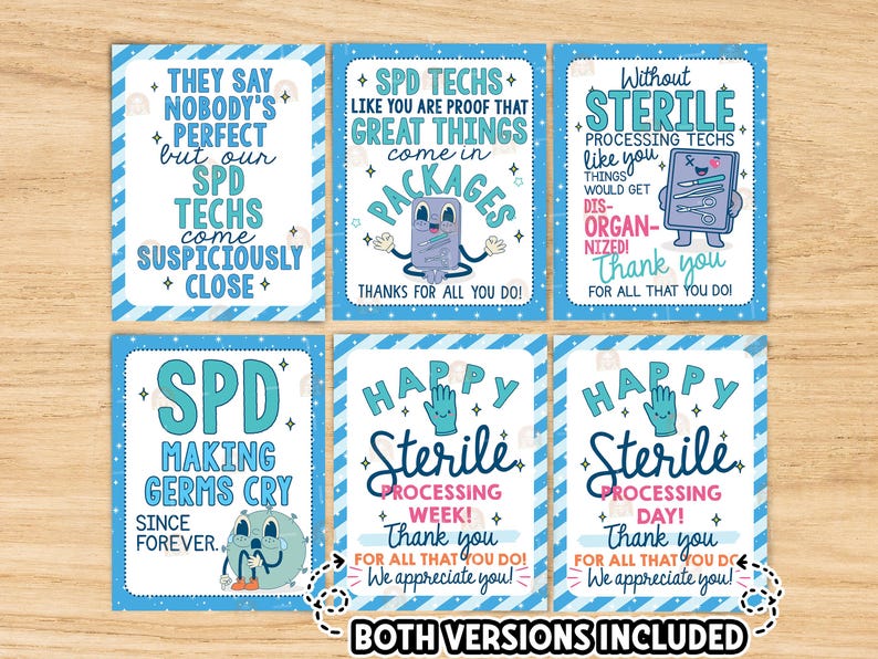 May include: A set of six blue and white cards with various messages for SPD techs. The cards feature cartoon illustrations and text such as "They say nobody's perfect but our SPD techs come suspiciously close."