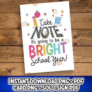 Terug naar school notitiekaart afdrukbaar, heldere schooljaarkaart, eerste schooldag cadeau, 1e schooldag leraar welkom teken eerste dag