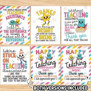 May include: A collection of six colorful cards with text and cartoon illustrations. The cards feature messages of appreciation for teaching assistants, with phrases like "Thank you" and "Happy Teaching Assistants Day!"
