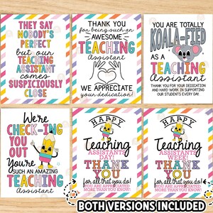 May include: A collection of six colorful cards with text for teaching assistants. The cards feature phrases like "Thank You" and "You are Totally Koala-fied." The cards have a rainbow and pastel color scheme.
