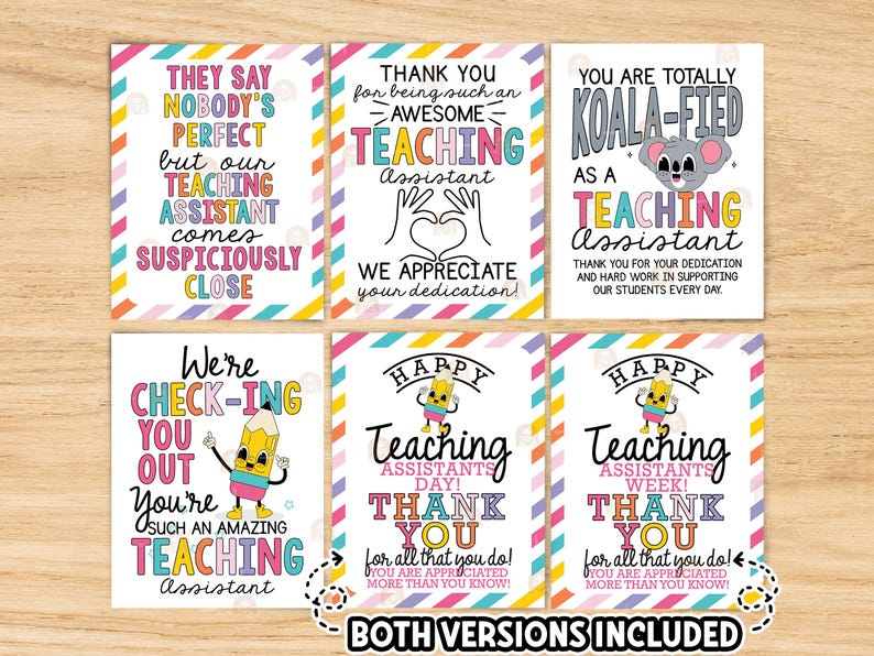 May include: A collection of six colorful cards with text for teaching assistants. The cards feature phrases like "Thank You" and "You are Totally Koala-fied." The cards have a rainbow and pastel color scheme.