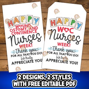 Puede incluir: Dos diseños imprimibles para "¡Feliz Semana de las Enfermeras de Heridas, Ostomía y Continencia!" y "¡Feliz Semana de las Enfermeras WOC!" Ambos diseños presentan letras coloridas y un corazón. El texto dice "¡Gracias por todo lo que hacen! ¡Realmente los apreciamos!"
